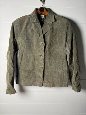 Chico's Vintage 100% Leather/Suede Olive Green Rough Edge 3 Button Jacket Sz 1